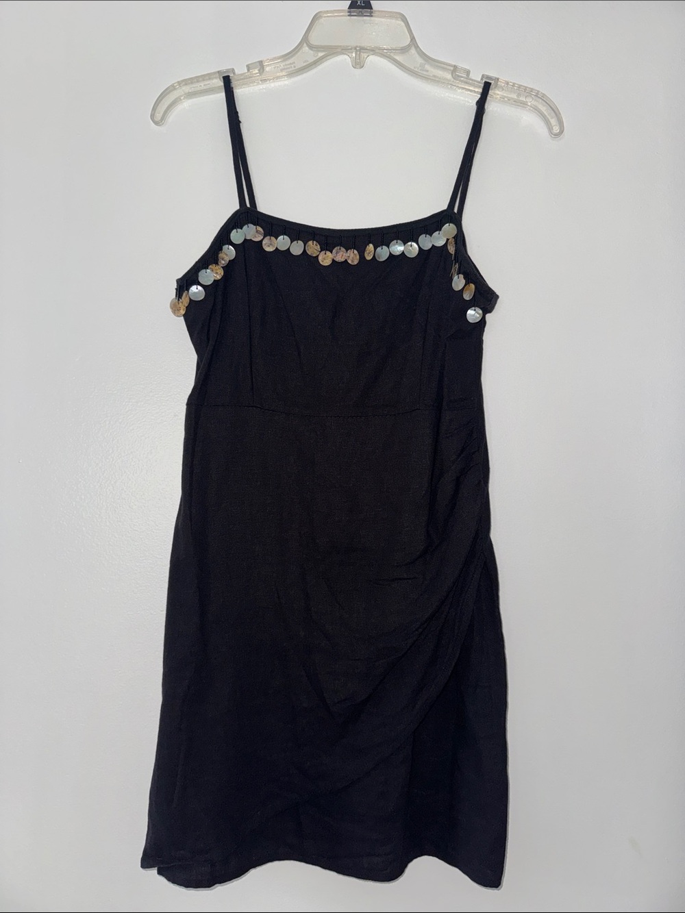 Black Spaghetti Strap linen Dress with beaded Shell Trim